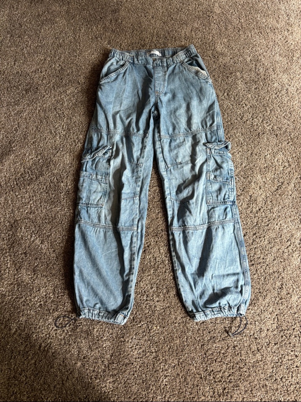 Garage Relaxed Light Blue Cargo Jeans with Drawstring Ankles